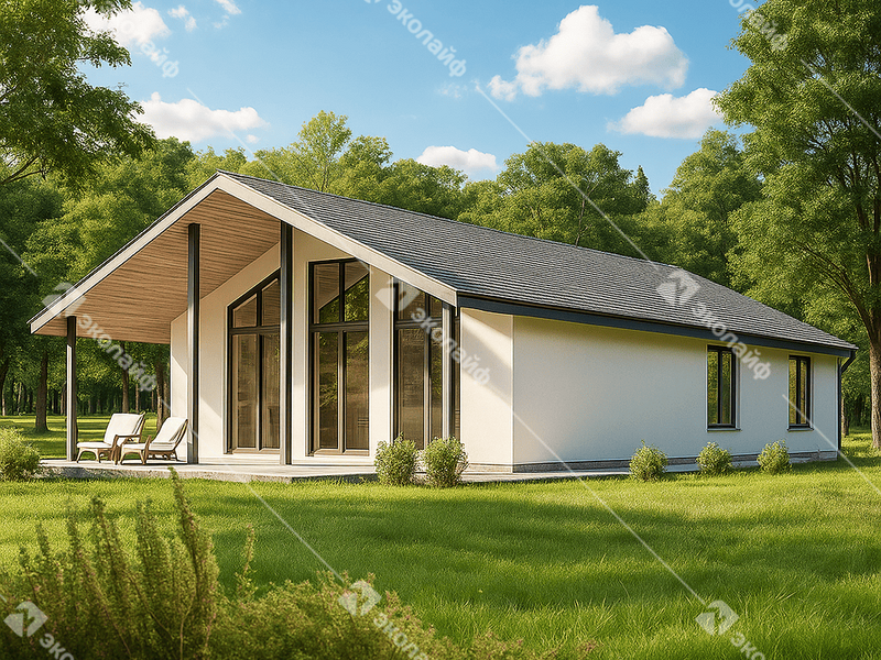 Готовый проект одноэтажного дома Эколайф-90 c верандой